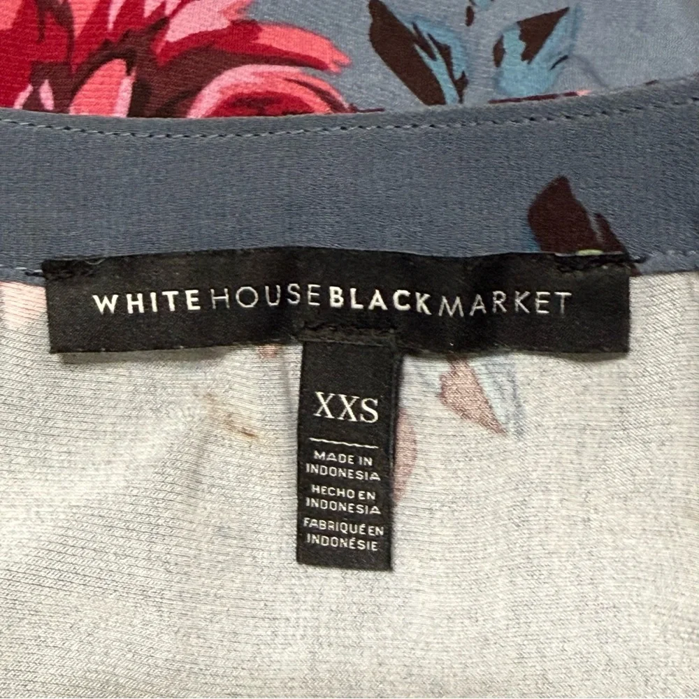 White House Black Market Blue Floral Ruffle Keyhole Blouse Size XXS Long Sleeve - Picture 4 of 7